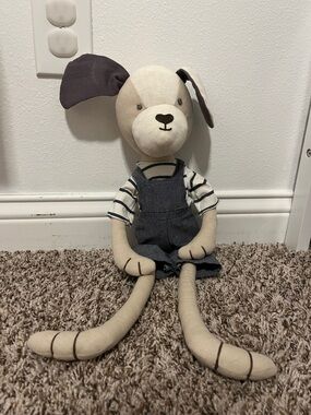 Mud Pie Cream and Gray Plush Puppy Dog with Striped Shirt and Denim Overalls 20”